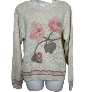 TAN F TaJAY Vintage White Floral Pink Pullover Chunky Knit Cottagecore Sweater M